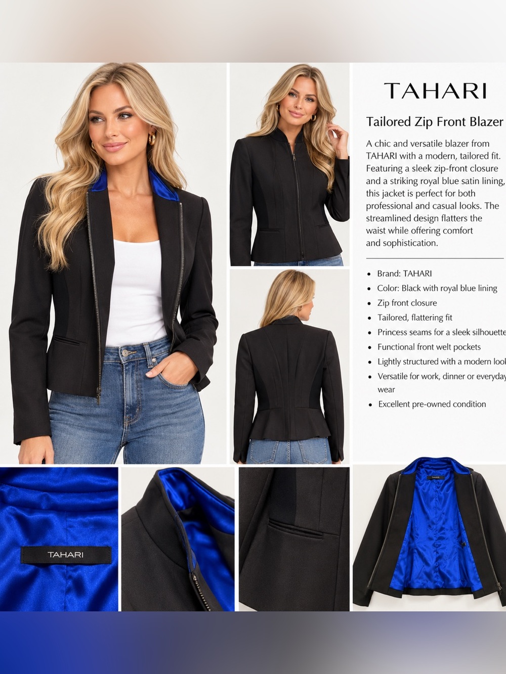 GORGEOUS like new TAHARI charcoal greyTailored Zip Jacket with Royal Blue Lining